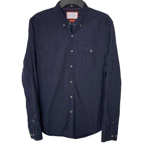 DENIM & FLOWER Navy Polka Dot Slim Fit Button Down Collar Shirt Size Large - Picture 1 of 4